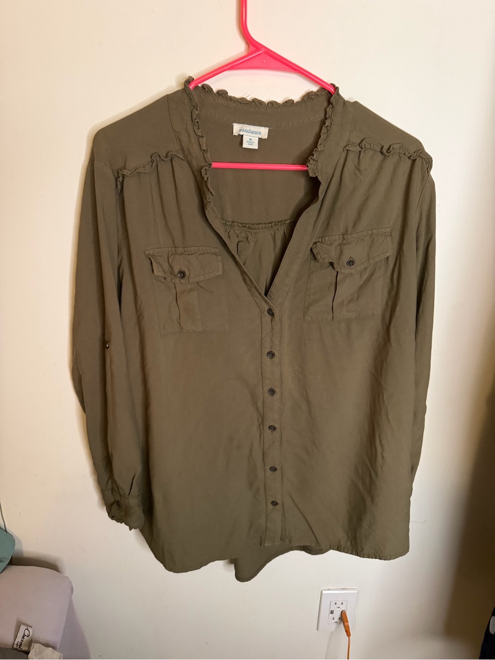 Sundance Olive Green Ruffle-Trim Button-Down Shirt